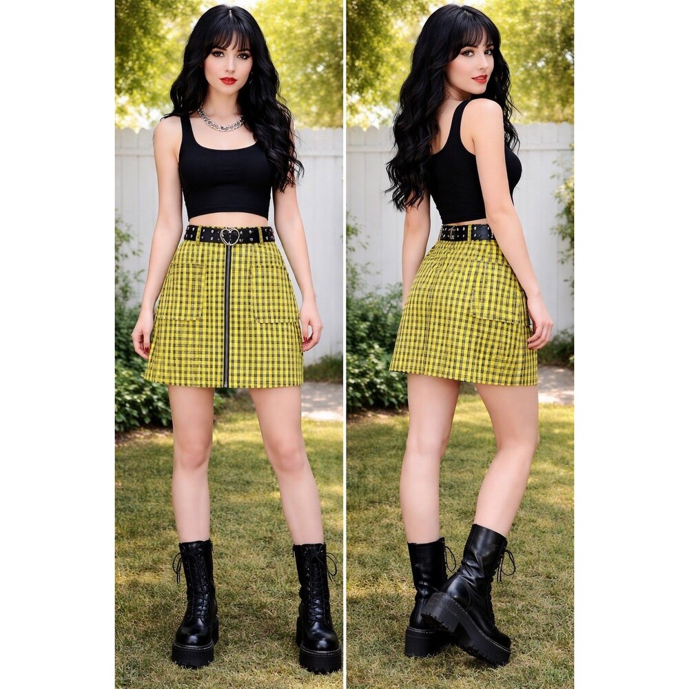 Arizona Yellow Plaid Zip Front Skirt Size 3 Clueless Style 90's Aesthetic Gothic